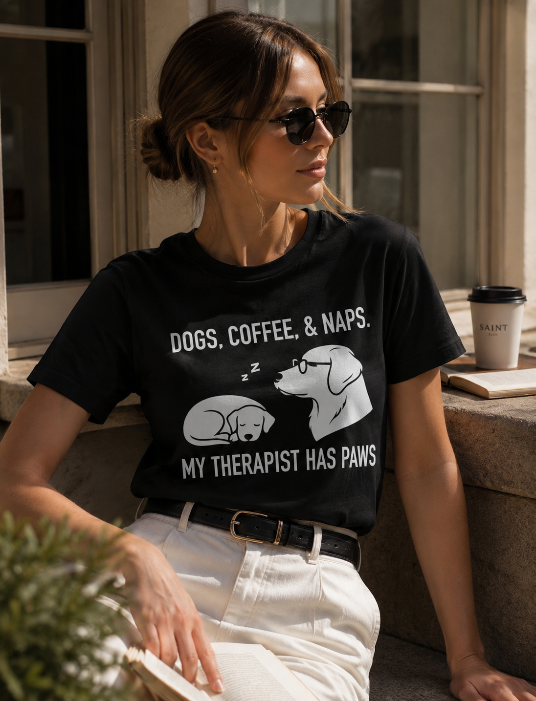 Dogs Coffee & Naps T-Shirt | My Therapist Has Paws, Dog Illustration