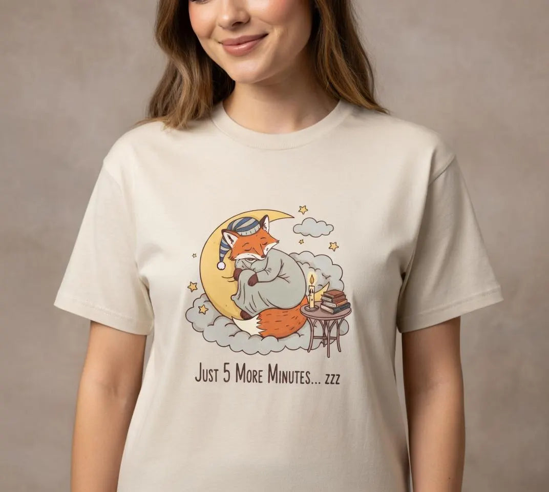Sleeping Fox on Moon T-Shirt | 'Just 5 More Minutes' Sleepy Animal Tee