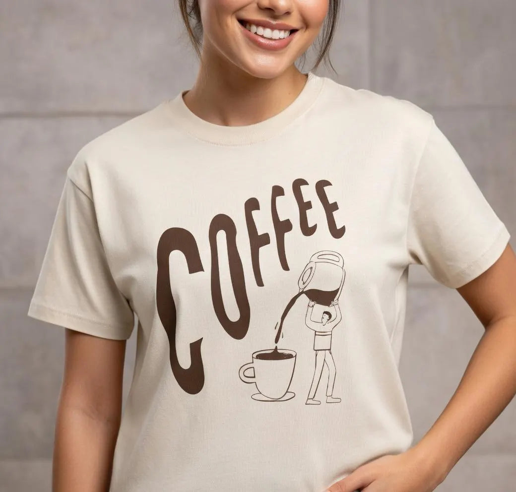 Coffee Pouring Illustration T-Shirt | Coffee Cup Graphic Tee