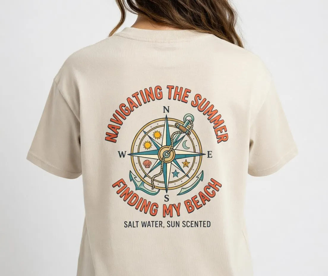 Navigating The Summer T-Shirt, Nautical Compass Shirt, Beach Lover Gift, Retro Summer Aesthetic Tee, Salt Water Sun Scented, Ocean Wanderer