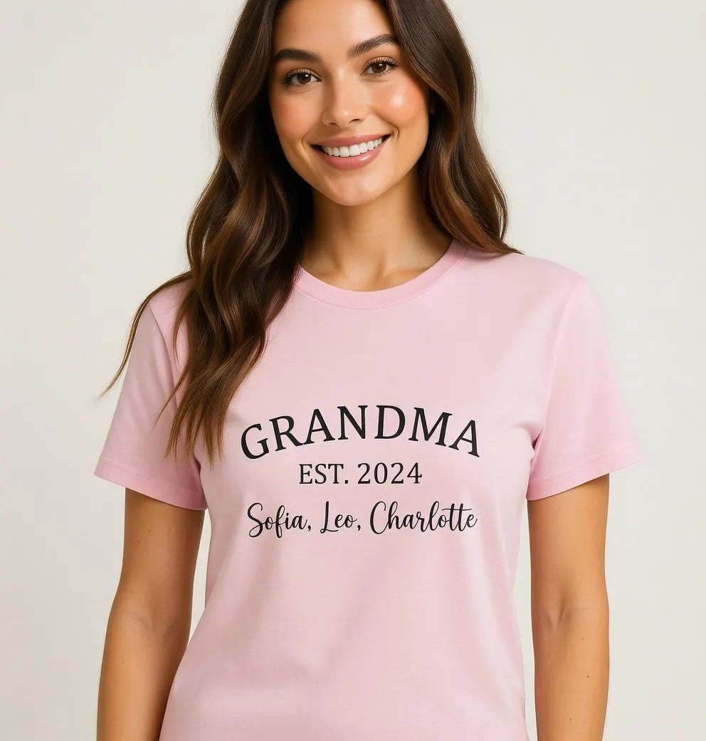 Grandma EST. 2024 names T-Shirt | Personalized Grandma Tee, Script Name Shirt