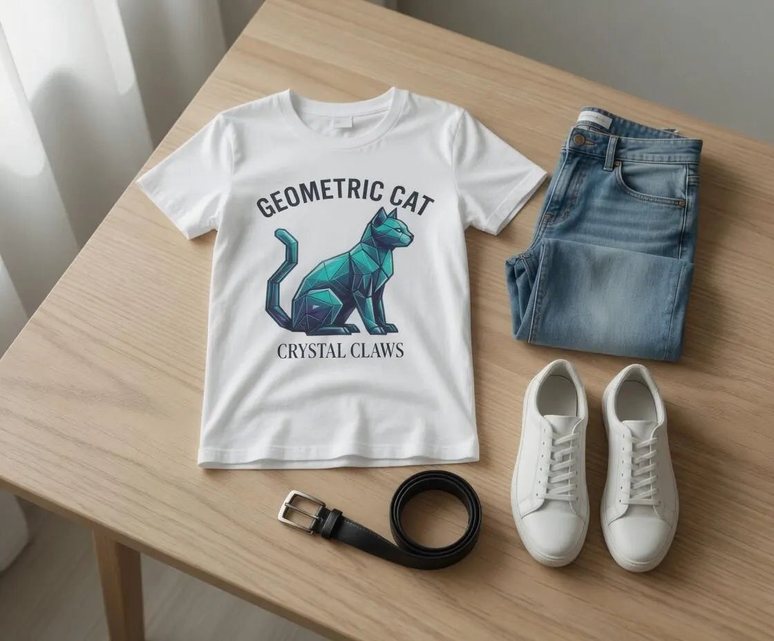 Geometric Crystal Cat Tee | Polygon Cat Illustration Shirt