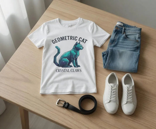 Geometric Crystal Cat Tee | Polygon Cat Illustration Shirt