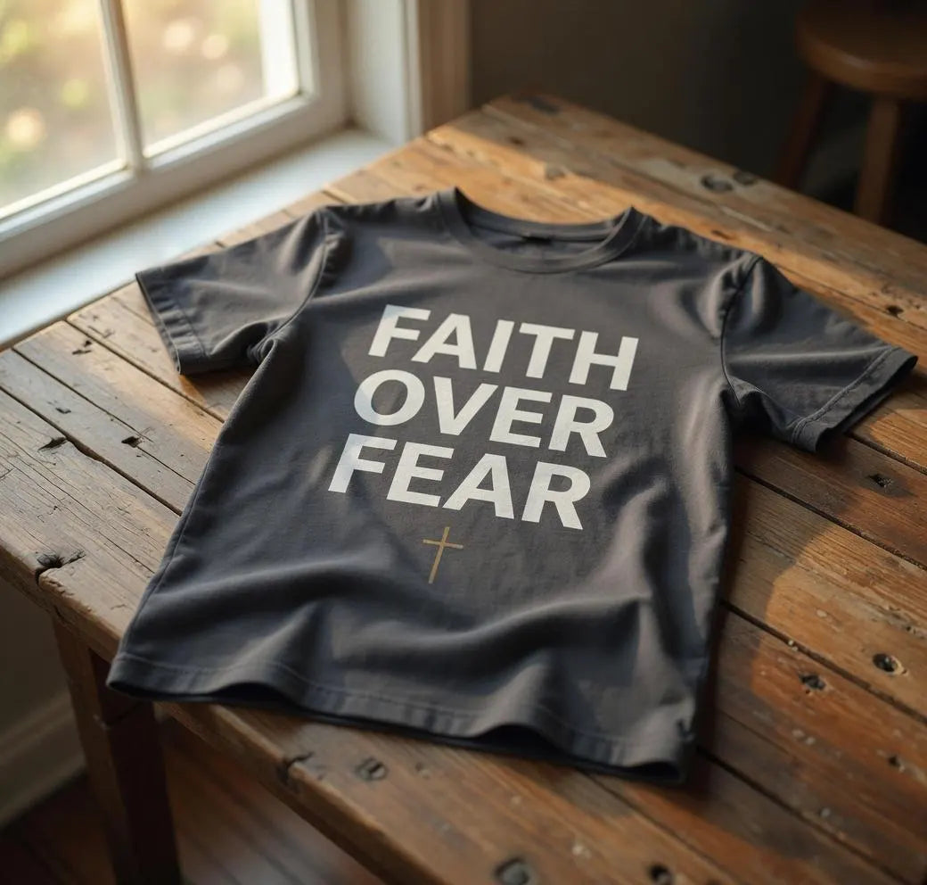 Faith Over Fear Shirt, Christian Minimalist Tee, Religious Gift for Her Bold Scripture T-Shirt, Jesus Cross Top Inspirational Faith Clothing