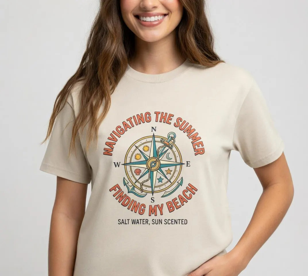 Navigating The Summer T-Shirt, Nautical Compass Shirt, Beach Lover Gift, Retro Summer Aesthetic Tee, Salt Water Sun Scented, Ocean Wanderer
