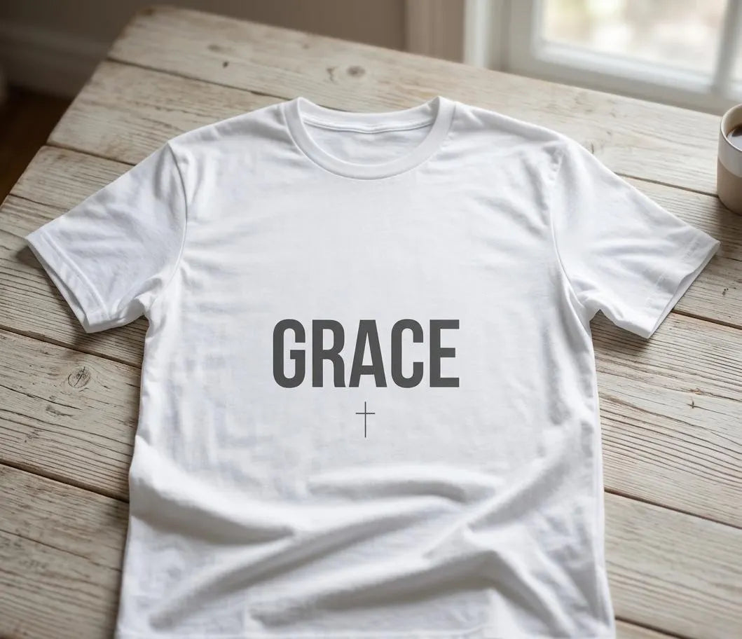 GRACE" Cross Shirt, Christian Faith T-Shirt, Gift for Mom, Sister, White Simple Graphic Tee, Religious Outfit, Religious Clothing