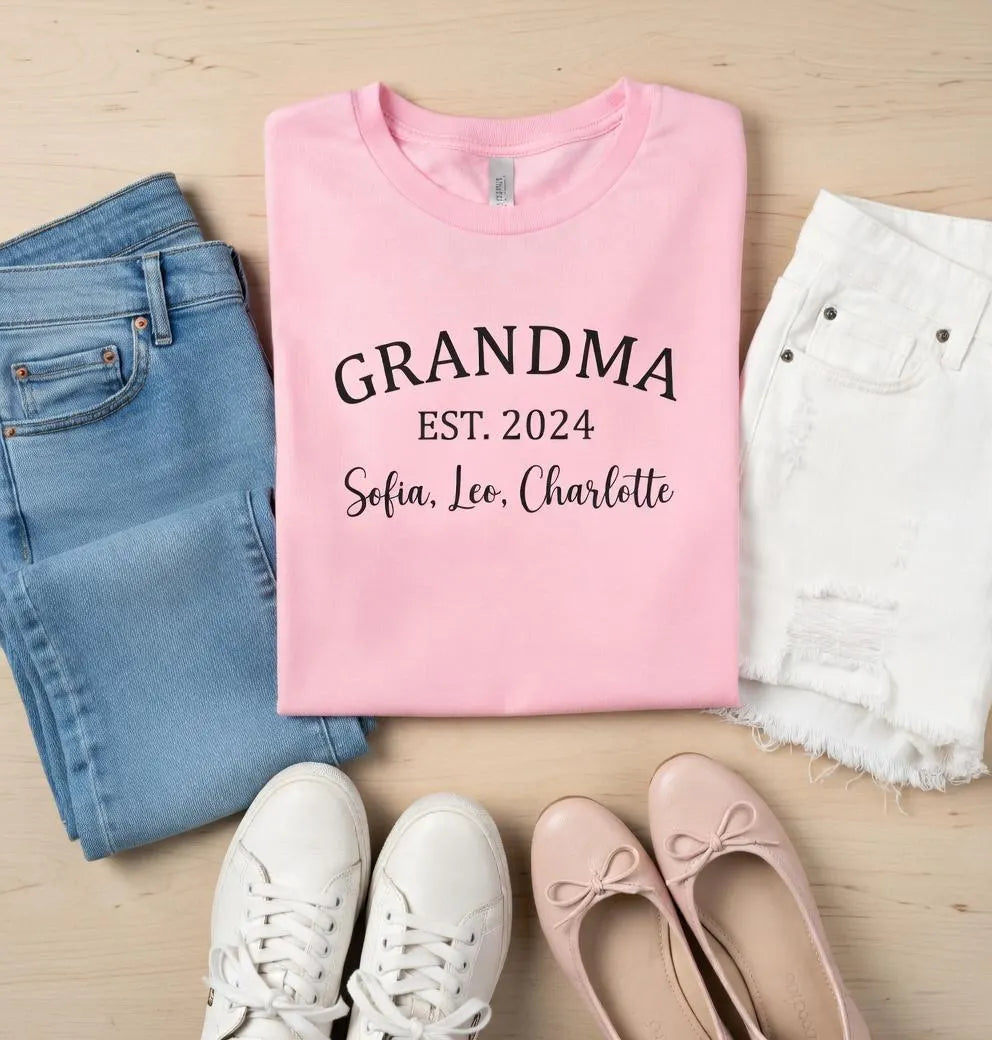 Grandma EST. 2024 names T-Shirt | Personalized Grandma Tee, Script Name Shirt