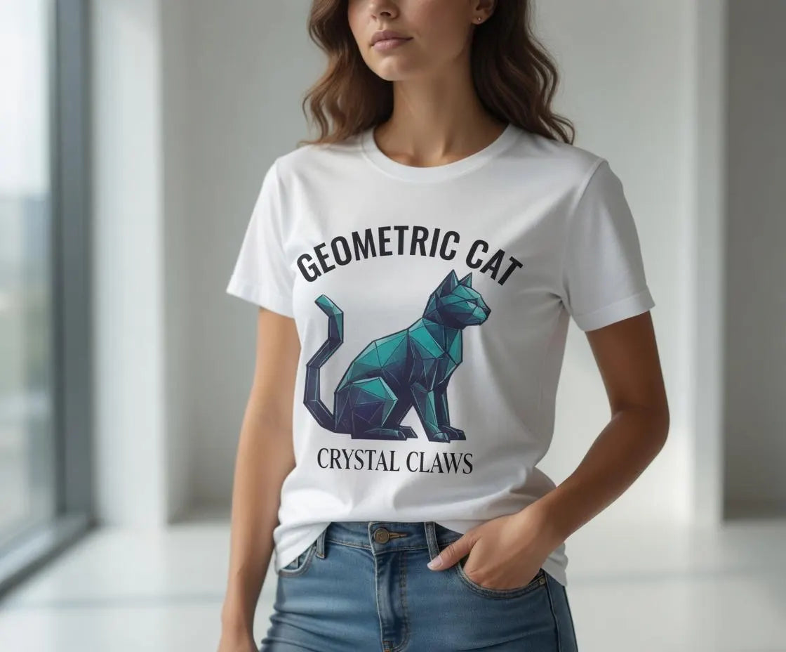 Geometric Crystal Cat Tee | Polygon Cat Illustration Shirt