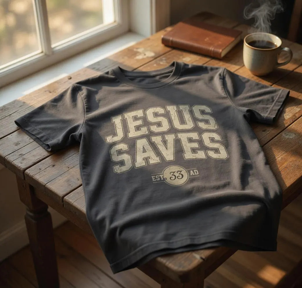 Jesus Saves tee | Christian faith shirt, vintage varsity-style lettering