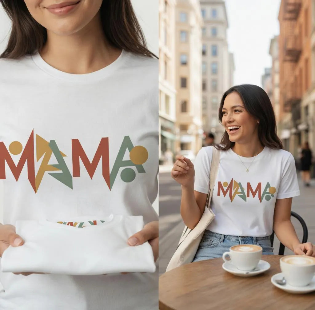 Mama Geometric Retro Font T-Shirt – 70s Style Earthy Tones Tee