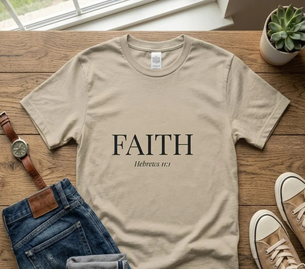 Minimalist FAITH T-Shirt, Hebrews 11:1 Bible Verse Shirt, Christian Gift for Women, Beige Aesthetic Faith Tee, Religious Scripture Clothing