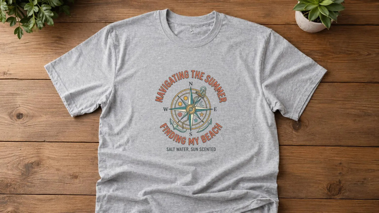 Navigating The Summer T-Shirt, Nautical Compass Shirt, Beach Lover Gift, Retro Summer Aesthetic Tee, Salt Water Sun Scented, Ocean Wanderer